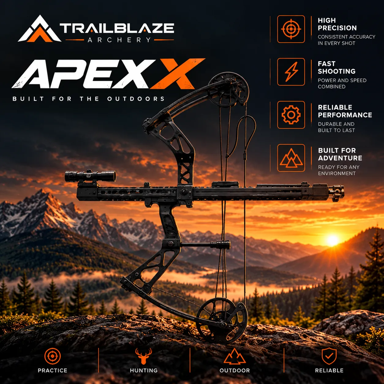 APEX X compound bow silhouetted in a mountain landscape
