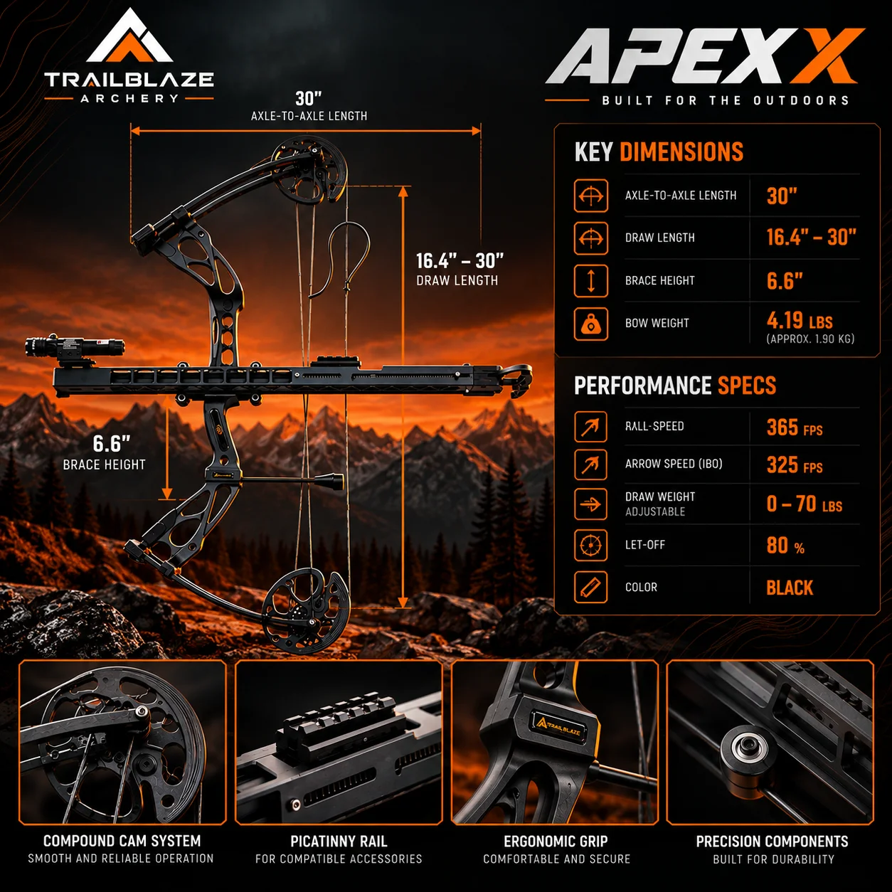 APEX X dimensions and design overview graphic showing axle-to-axle length, brace height and draw length, with key dimensions and performance specifications