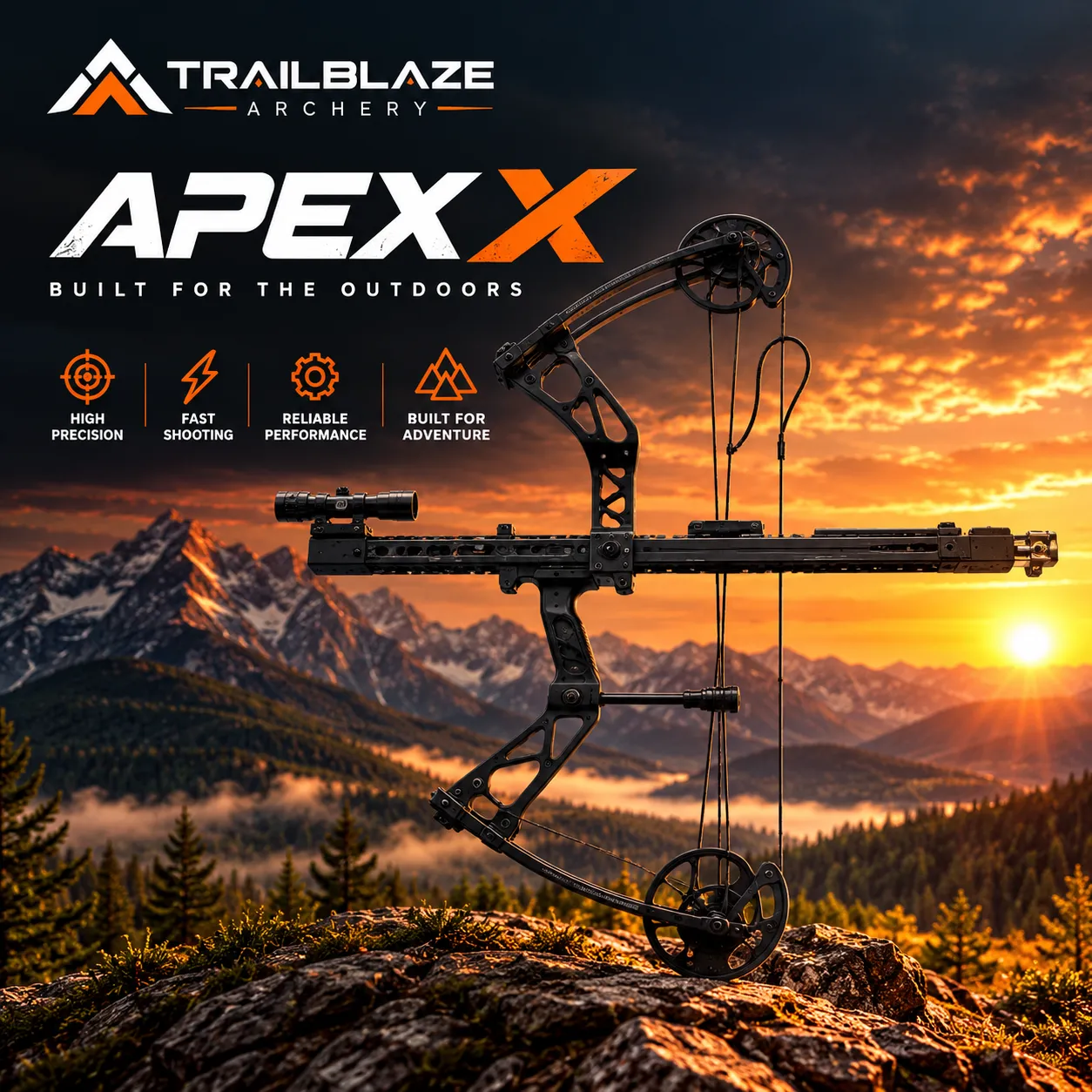 TRAILBLAZE APEX X compound bow on a rocky ridge at sunset