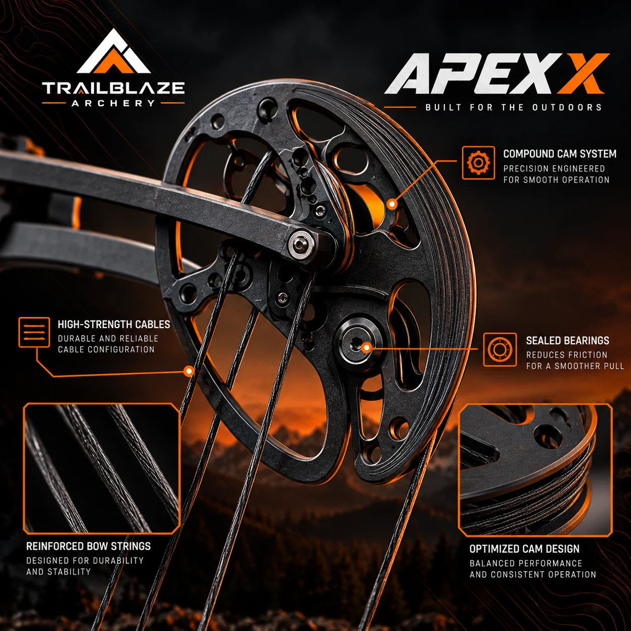 APEX X compound cam system graphic highlighting high-strength cables, sealed bearings, reinforced bow strings and an optimized cam design