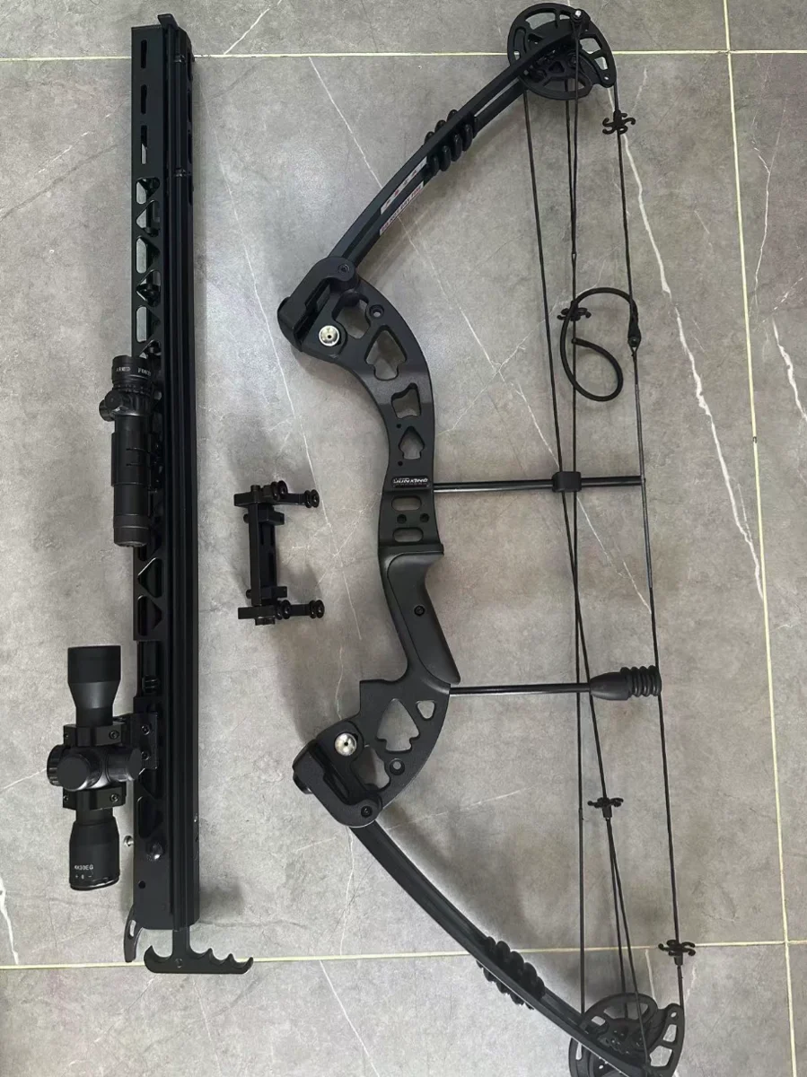 The bow and rail assembly laid out side by side on a tiled floor.
