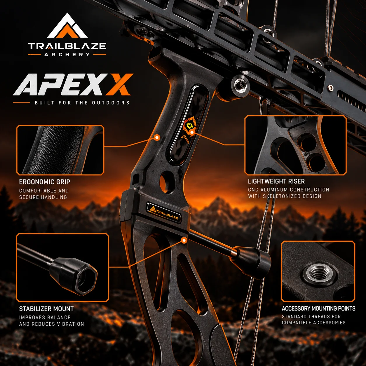 APEX X riser, ergonomic grip, stabilizer mount and accessory mounting points shown in a technical showcase graphic